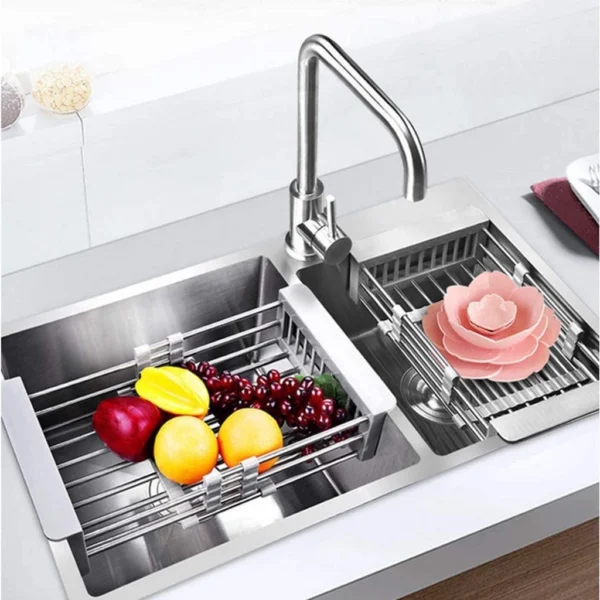 cb07387c96e867dd64bee50c5cba9555.webp Expandable Over-Sink Dish Drying Rack | Stainless Steel Basket & Drainer Tray | Adjustable Arms