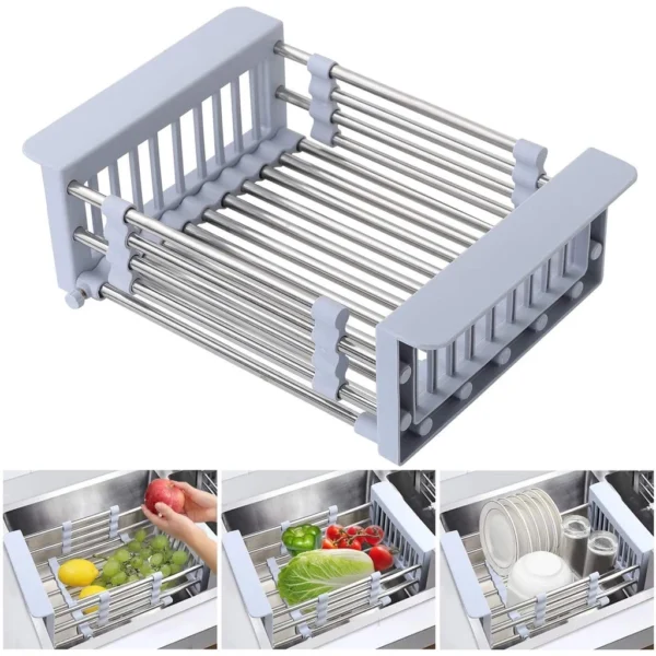 dfea373a952eac427a92b6a802aae0cc.webp Expandable Over-Sink Dish Drying Rack | Stainless Steel Basket & Drainer Tray | Adjustable Arms
