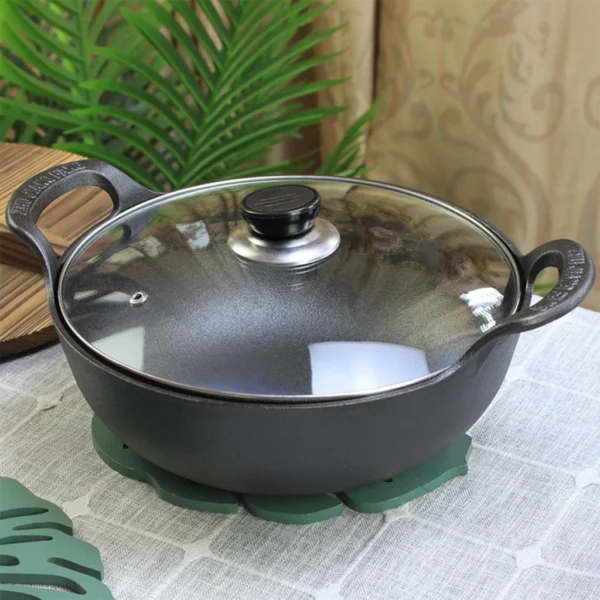 Cast Iron Wok with Glass Lid | Deep Grilling Wok | Dual Handle Heavy Duty Cookware