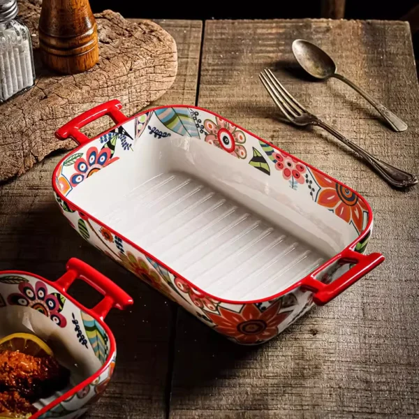 Aurahouse Butterfly Flower Ceramic Baking Tray | Double-Handled, Microwave & Oven Safe, High-Temperature Resistant