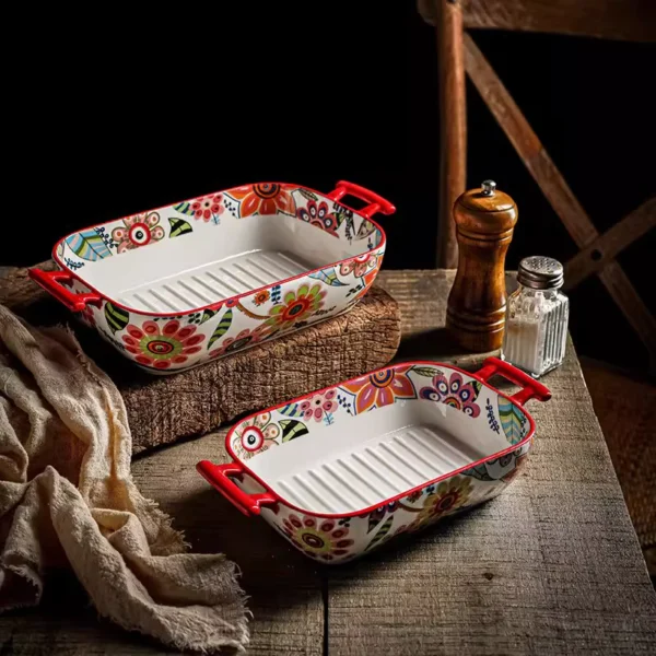 Aurahouse Butterfly Flower Ceramic Baking Tray | Double-Handled, Microwave & Oven Safe, High-Temperature Resistant