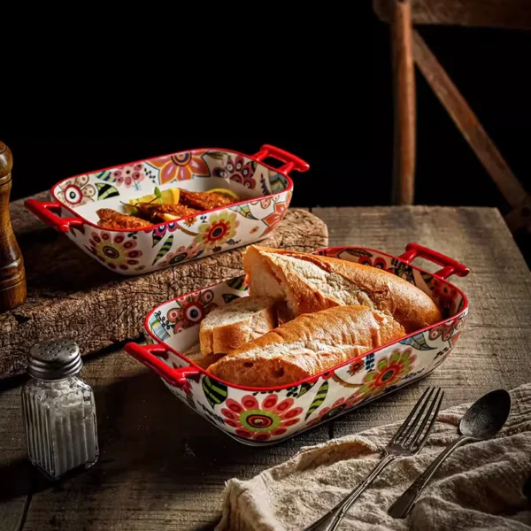 Aurahouse Butterfly Flower Ceramic Baking Tray | Double-Handled, Microwave & Oven Safe, High-Temperature Resistant