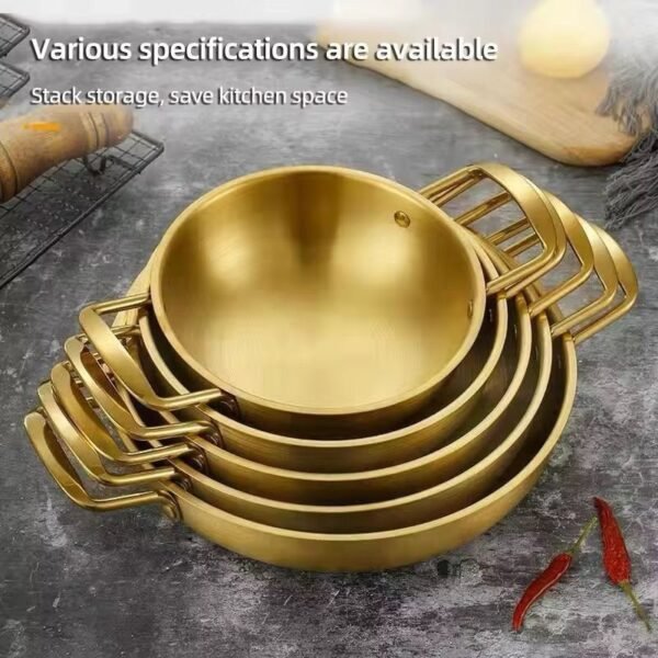 Korean Gold Flat-Bottom Wok | Stainless Steel Dry Pot | Ramen & Noodle Cooking Pan